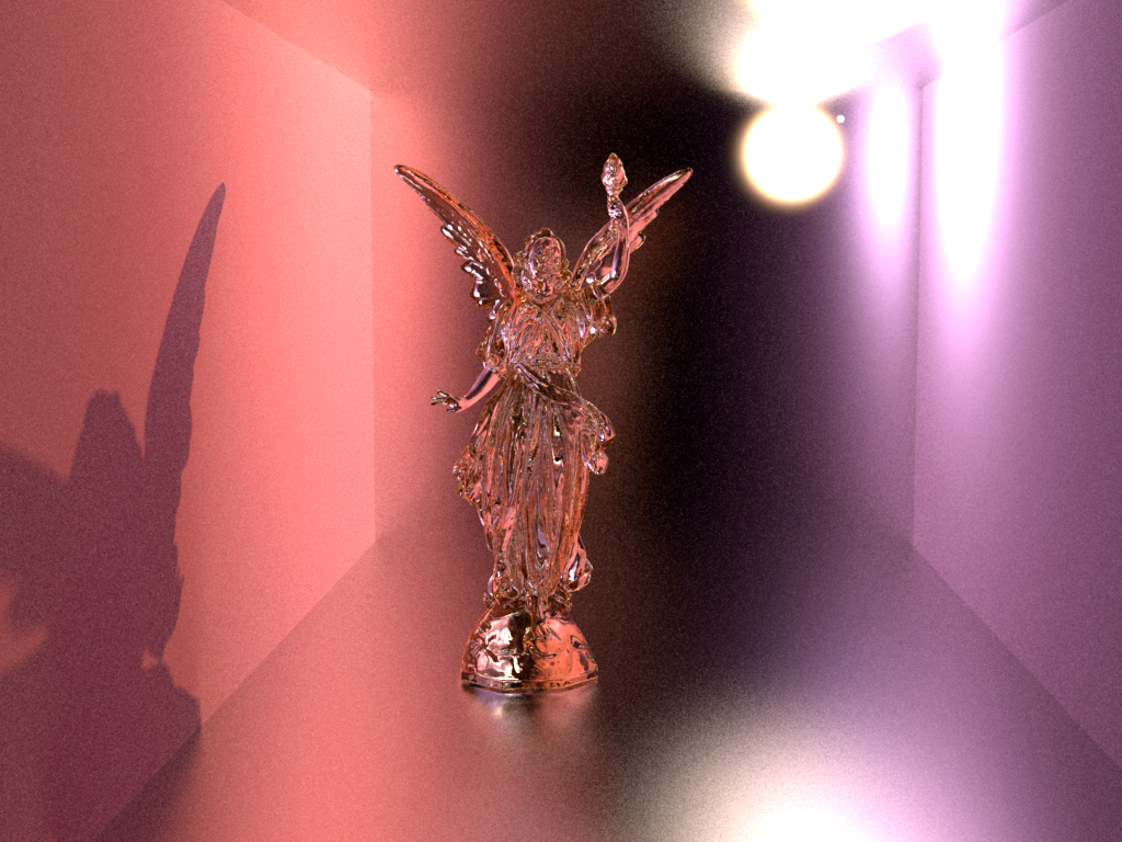 High-quality rendering of 'Lucy' in a Cornell box with diffuse sides, but glossy surfaces for floor, back, and ceiling.