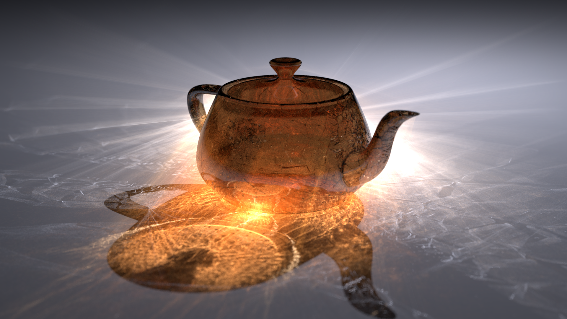 Rendering of a cracked, brown, glass teapot with extensive light rays and caustics.