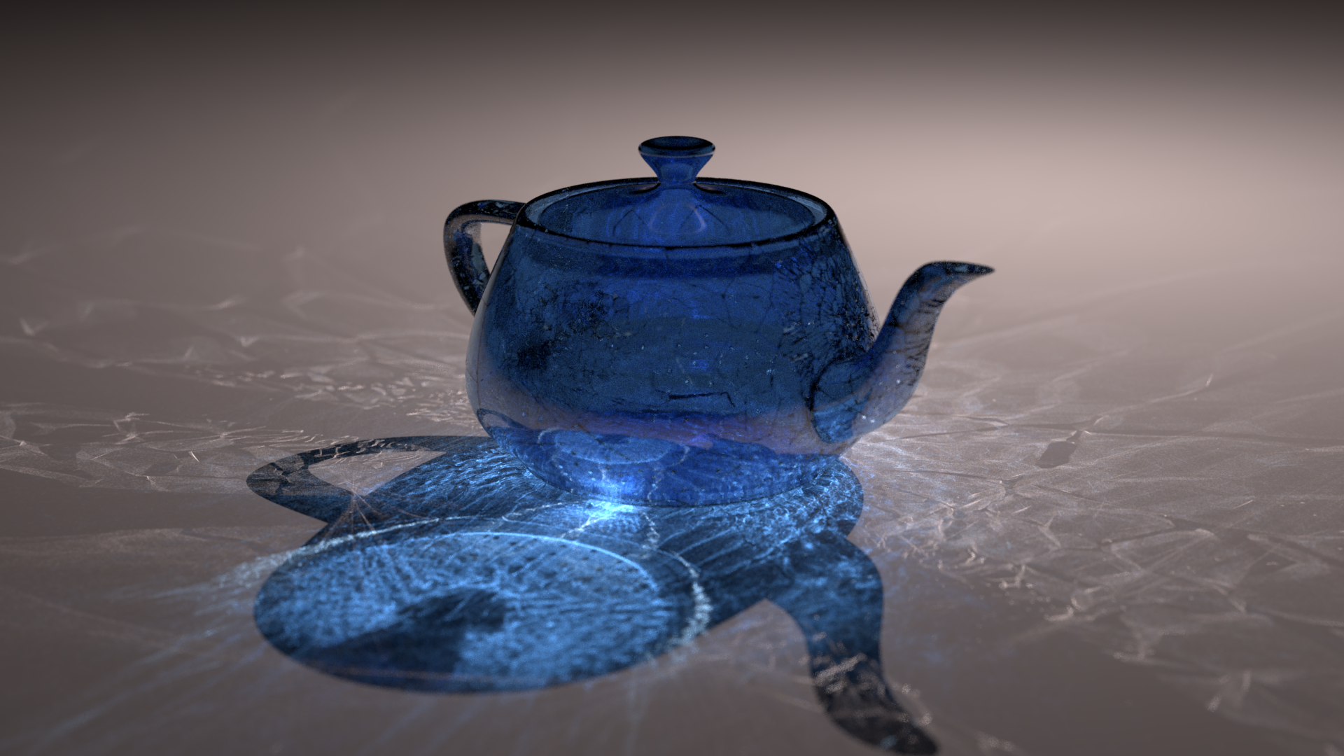 Rendering of a cracked, dark blue, glass teapot with extensive light rays and caustics.