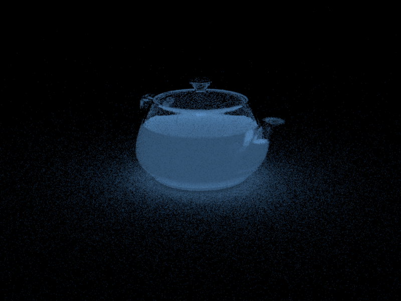 Rendering of a glass teapot containing blue, now less opaque, glowing liquid.