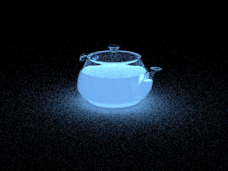Rendering of a glass teapot containing brighter blue glowing liquid.