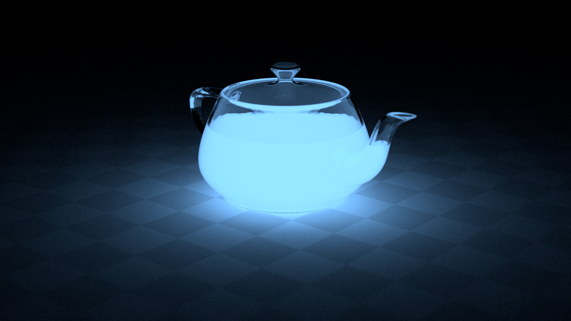 Rendering of a glass teapot containing blue, glowing liquid.