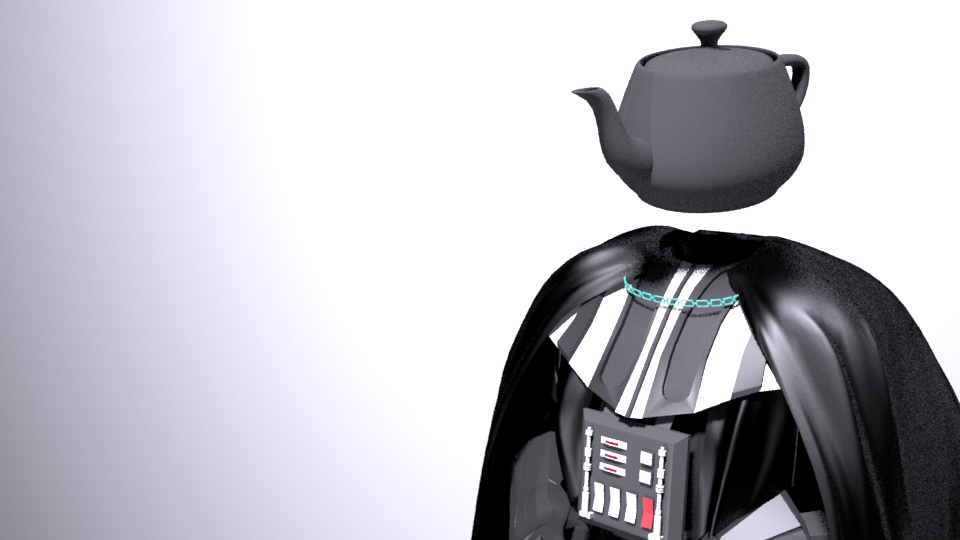 Rendering of Darth Vader with a gray teapot for a head.