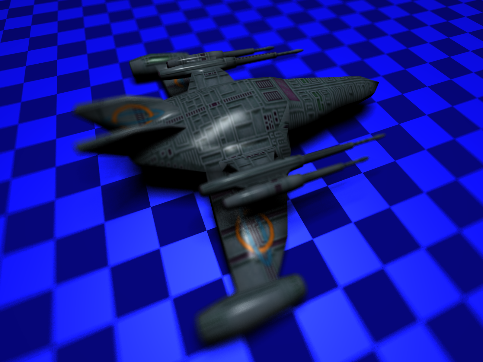 Rendering of a spaceship over a checkerboard.