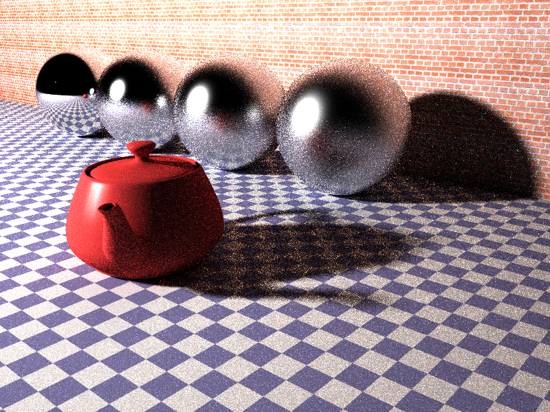 Rendering of required scene: a teapot on a checkerboard plane, with a brick wall backdrop and several reflective spheres in varying degrees of focus.