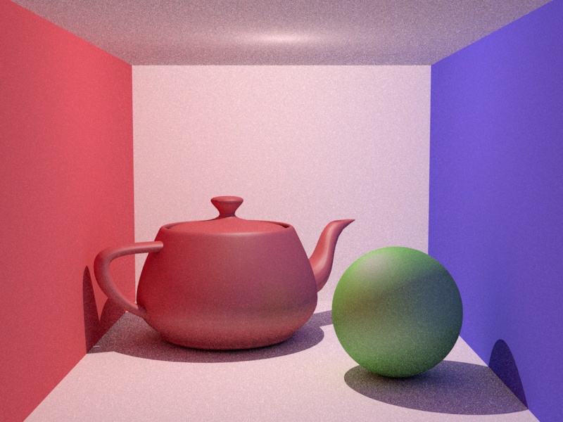 Rendering of required scene: a teapot and sphere in a Cornell box, including indirect light.
