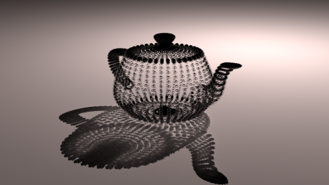 Rendering of many tiny glass teapots, arranged so as to form the vertices of a much larger teapot.