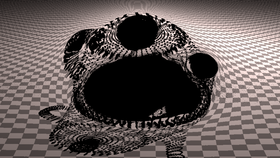 Render of teapot made out of black holes, the teapot sitting on a checkerboard.