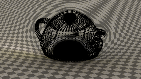 Render of teapot made out of black holes, with an environment map adding some color.