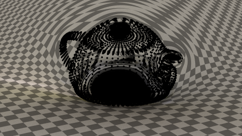 Two renders of black-hole teapots, with slight differences.
