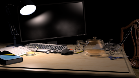 Render of darkened scene: a desk strewn with objects, including a glass teapot with a little tea in it.