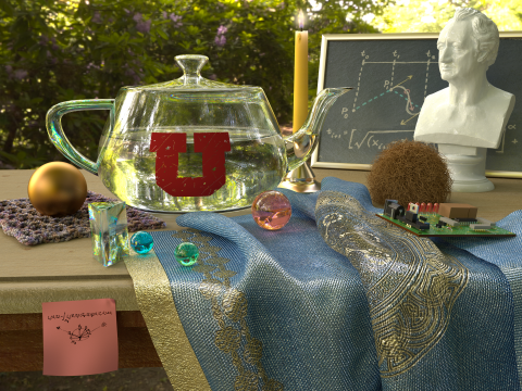 Rendering of an outdoor table, containing many items relevant to graphics programming, with a Utah teapot as a primary object.