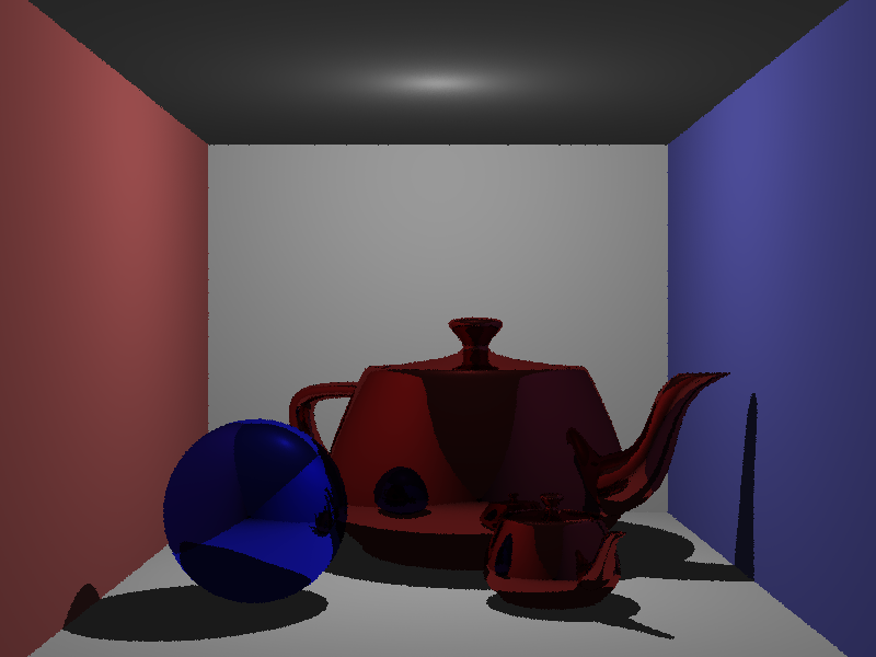 Rendering of required scene, a Cornell box with a sphere and two teapots, with 1 sample per pixel.