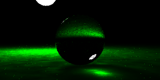 Rendering of glass sphere on a green plane with 50 photon gather lookup.