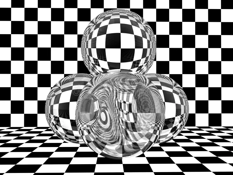 Transparent spheres against a checkerboard background.