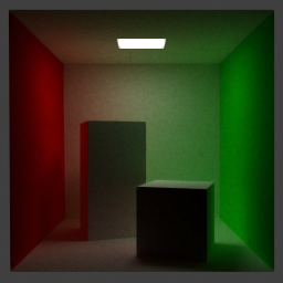 Larger rendering of a pathtraced Cornell box, with noise reduction.
