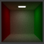 Small rendering of an empty, pathtraced Cornell box, and a second rendering of the same but denoised.