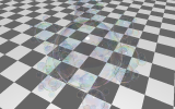 Rendering of a fractal made out of bubbles, each with thin-film interference, over a checkerboard.