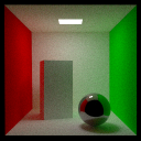 Rendering of a pathtraced Cornell box with a reflective sphere replacing the smaller box.