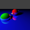 Rendering of scene with more mirror-like reflection.