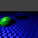 Rendering of green sphere and glass sphere on a blue checkerboard plane.