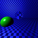Rendering of green sphere and glass sphere on a blue checkerboard plane, plus a checkerboard plane backdrop.