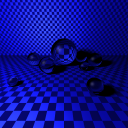 Rendering of many glass spheres against on a blue checkerboard plane, plus a checkerboard plane backdrop.