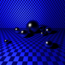Rendering of many highly glossy spheres against on a blue checkerboard plane, plus a checkerboard plane backdrop.