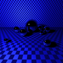 Rendering of many glossy spheres against on a blue checkerboard plane, plus a checkerboard plane backdrop.