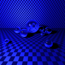 Rendering of many glass spheres against on a blue checkerboard plane, plus a checkerboard plane backdrop, with glossy refraction.