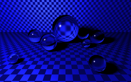 Rendering of many glass spheres against on a blue checkerboard plane, plus a checkerboard plane backdrop.
