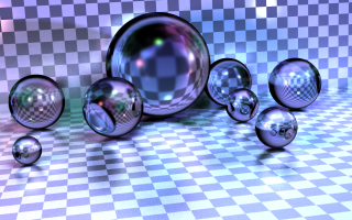 Rendering of many well-lit glass spheres in a checkerboard environment.