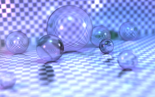 Rendering of many well-lit glass spheres in a checkerboard environment, with depth-of-field.