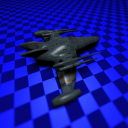 Four renderings of a spaceship over a blue checkerboard, respectively with nearest, bilinear, bicubic, and Gaussian (normal) texture filtering.