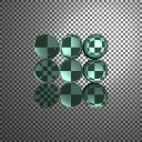 Rendering of nine glass spheres, with varying refractive indices, in front of a checkerboard.