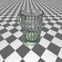 Basic rendering of a glass mug on a checkerboard.