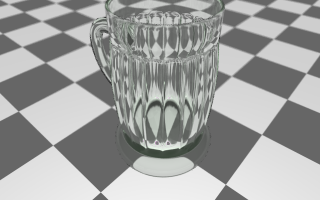 Better-quality rendering of a glass mug on a checkerboard, still with visible artifacts.