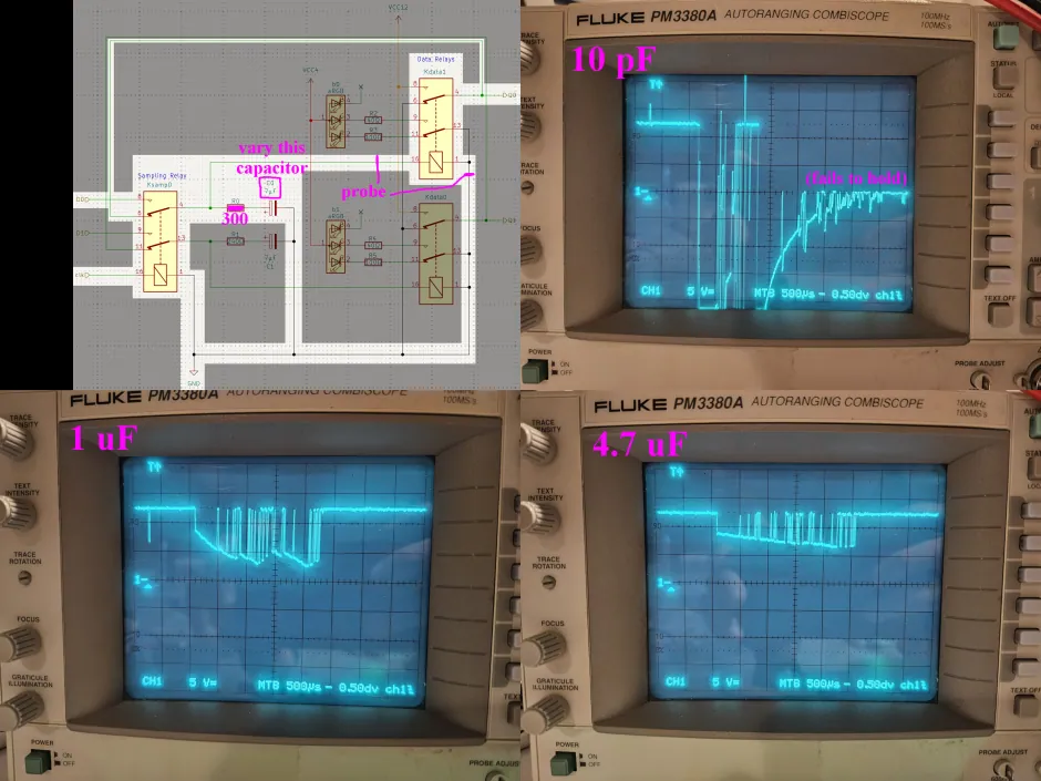 Composite of oscilloscope traces and schematic.