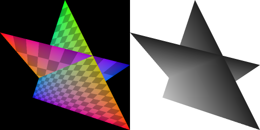 Two renderings of triangles with colored checkerboard patterns intersecting, with the color rendering shown at left and depth rendering at right.